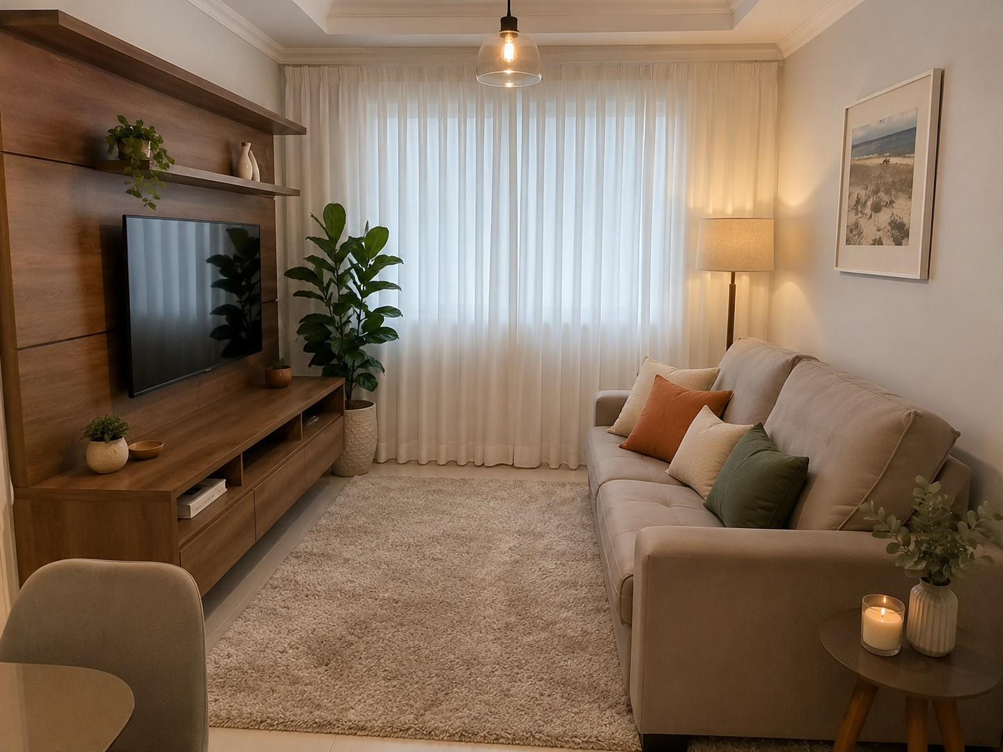 Sala depois — ambiente acolhedor, leve e funcional após decisões intencionais